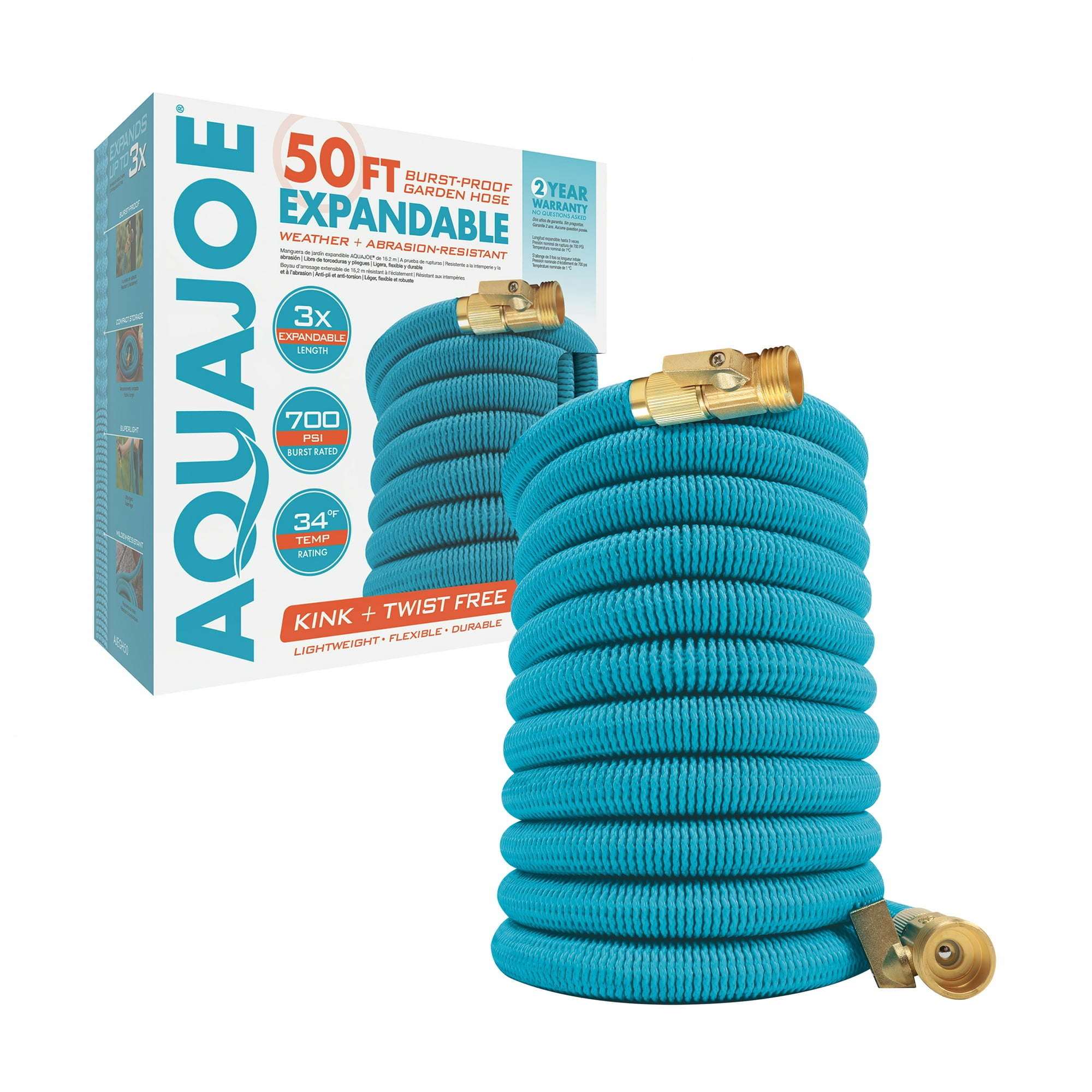 Aqua Joe Kink-Free 50-Foot Expandable Garden Hoses W/ Heavy-Duty Brass Valve & Flow Control Shut-off, 5/8-inch (Light Blue) Doba
